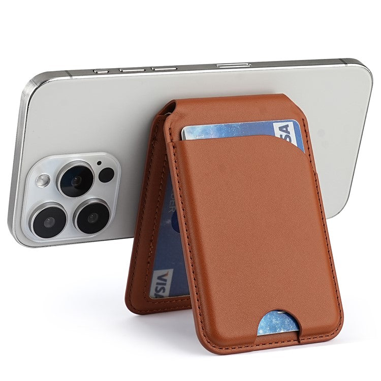 PU Leather Magnetic Card Holder Bi-Fold Phone Card Bag with Kickstand Function - Brown