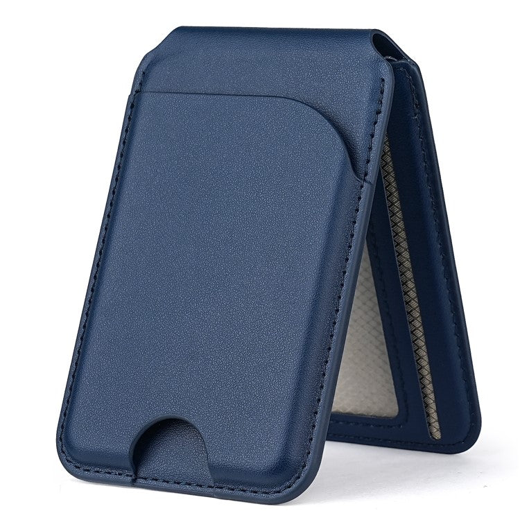 PU Leather Magnetic Card Holder Bi-fold Phone Card Bag with Kickstand Function - Blue