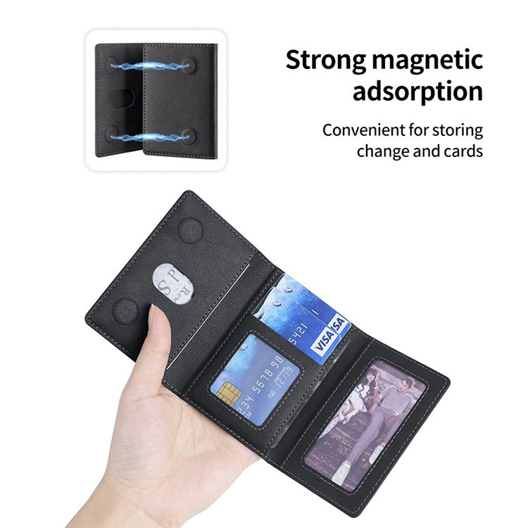 Magnetic Card Holder PU Leather Tri-Fold Phone Card Wallet with Kickstand Function - Black