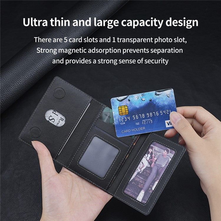 Magnetic Card Holder PU Leather Tri-Fold Phone Card Wallet with Kickstand Function - Black