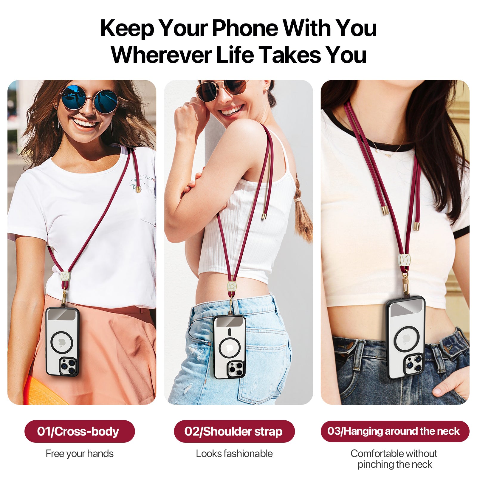 For Universal DUX DUCIS Garden Series Phone Lanyard Adjustable Neck Strap with Ice Crack Pattern - Wine Red