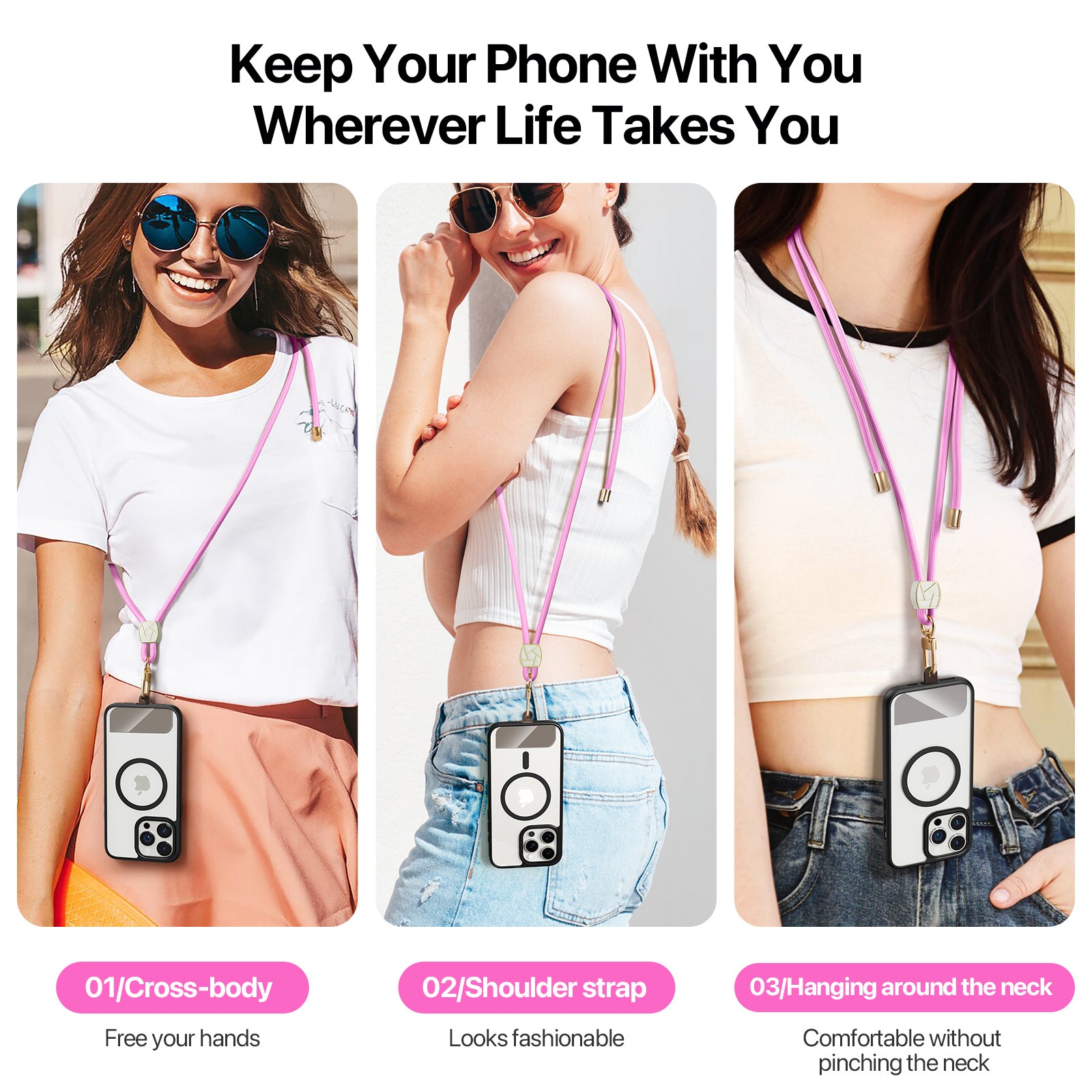 For Universal DUX DUCIS Garden Series Phone Lanyard Adjustable Neck Strap with Ice Crack Pattern - Pink