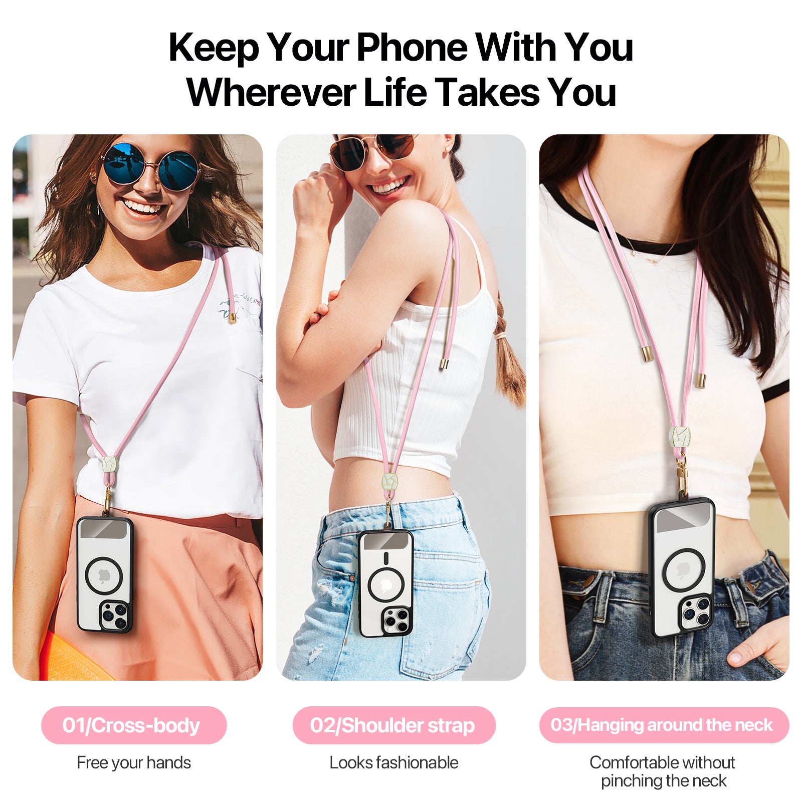 For Universal DUX DUCIS Garden Series Phone Lanyard Adjustable Neck Strap with Ice Crack Pattern - Light Pink