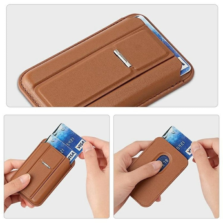 Compatible with MagSafe Leather Magnetic Card Holder Kickstand Combo Multi Card Slots For iPhone Series - Brown