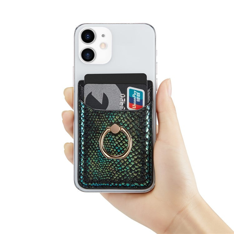 MUXMA MX112 RFID Blocking Phone Card Holder Snake Texture PU Leather Adhesive Credit Card Wallet with Ring Stand - Blackish Green