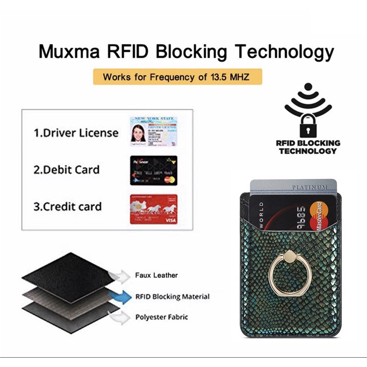 MUXMA MX112 RFID Blocking Phone Card Holder Snake Texture PU Leather Adhesive Credit Card Wallet with Ring Stand - Blackish Green