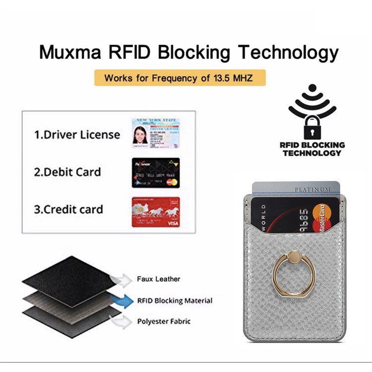 MUXMA MX112 RFID Blocking Phone Card Holder Snake Texture PU Leather Adhesive Credit Card Wallet with Ring Stand - Silver