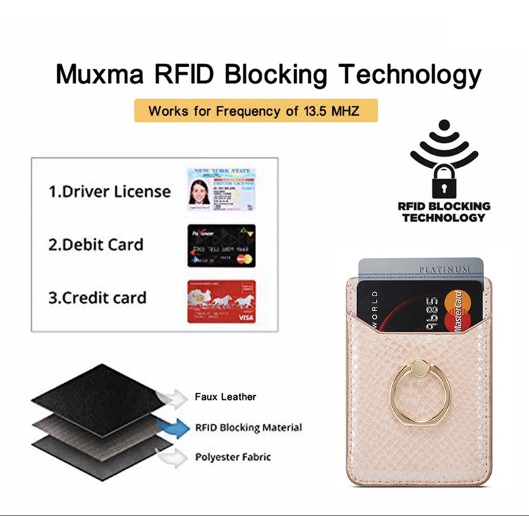 MUXMA MX112 RFID Blocking Phone Card Holder Snake Texture PU Leather Adhesive Credit Card Wallet with Ring Stand - Rose Gold