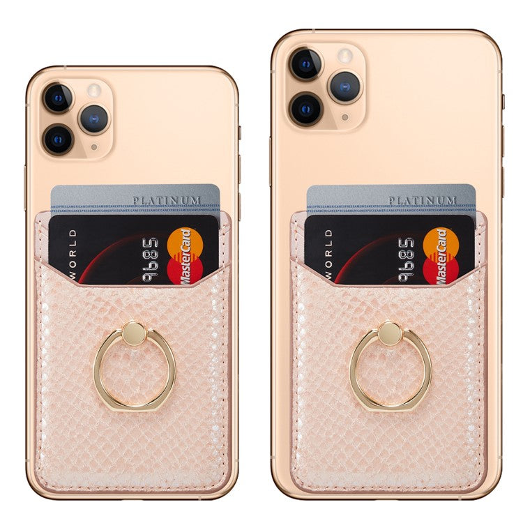 MUXMA MX112 RFID Blocking Phone Card Holder Snake Texture PU Leather Adhesive Credit Card Wallet with Ring Stand - Rose Gold