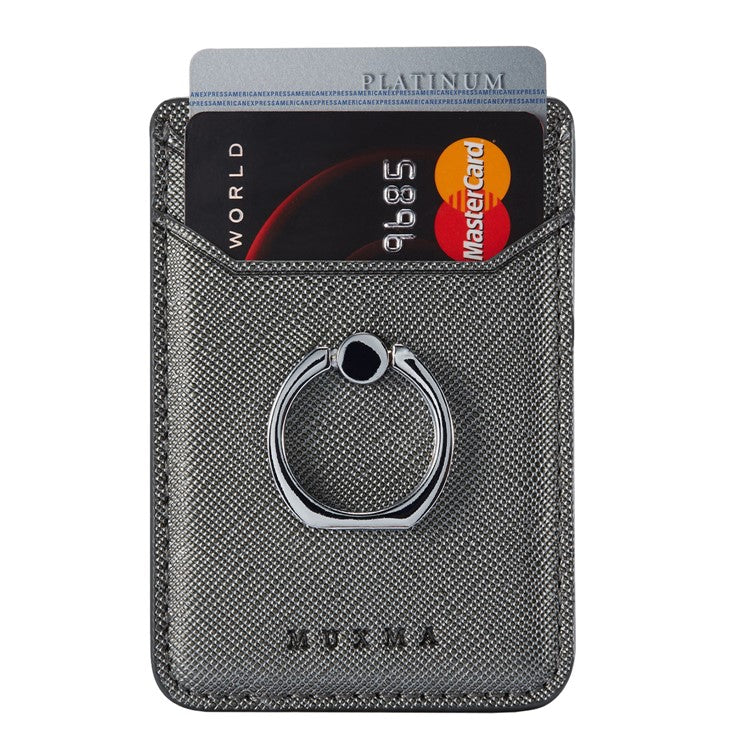 MUXMA MX112 Ring Stand Credit Card Holder Cross Texture RFID Blocking Adhesive Phone Card Holder - Black