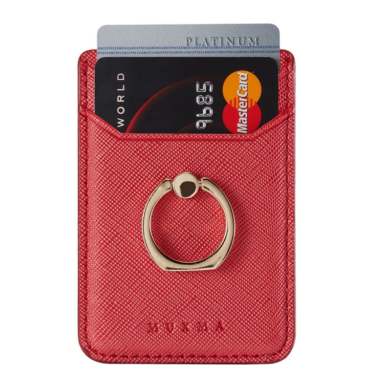 MUXMA MX112 Ring Stand Credit Card Holder Cross Texture RFID Blocking Adhesive Phone Card Holder - Red