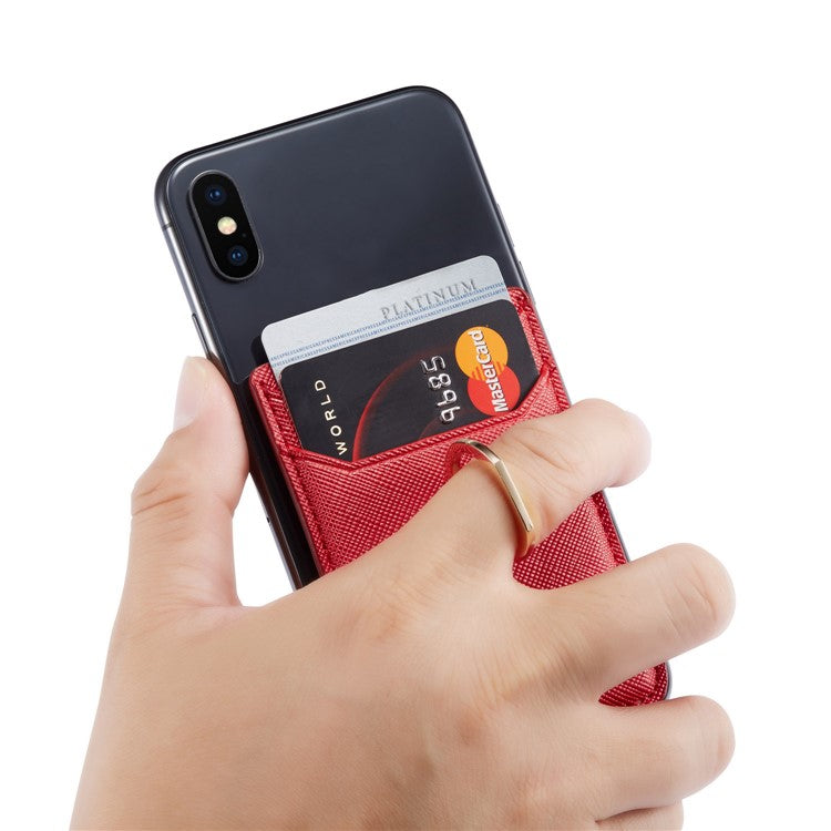 MUXMA MX112 Ring Stand Credit Card Holder Cross Texture RFID Blocking Adhesive Phone Card Holder - Red