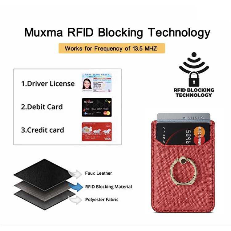 MUXMA MX112 Ring Stand Credit Card Holder Cross Texture RFID Blocking Adhesive Phone Card Holder - Red