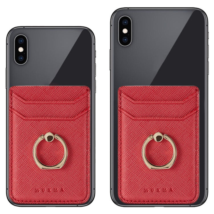 MUXMA MX112 Ring Stand Credit Card Holder Cross Texture RFID Blocking Adhesive Phone Card Holder - Red