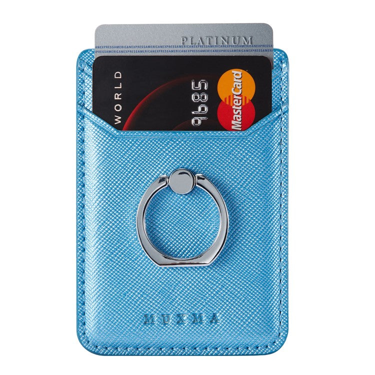 MUXMA MX112 Ring Stand Credit Card Holder Cross Texture RFID Blocking Adhesive Phone Card Holder - Blue