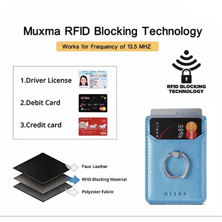 MUXMA MX112 Ring Stand Credit Card Holder Cross Texture RFID Blocking Adhesive Phone Card Holder - Blue