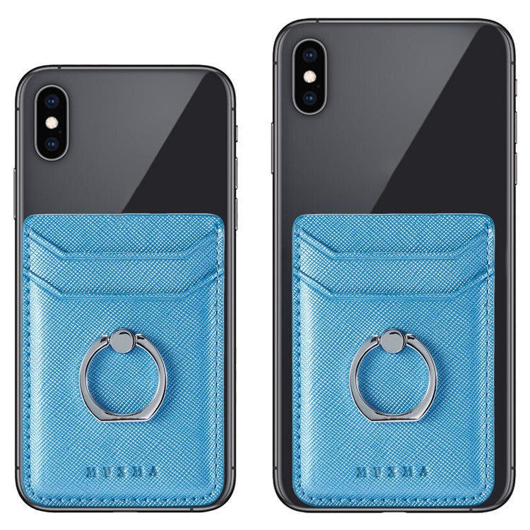 MUXMA MX112 Ring Stand Credit Card Holder Cross Texture RFID Blocking Adhesive Phone Card Holder - Blue