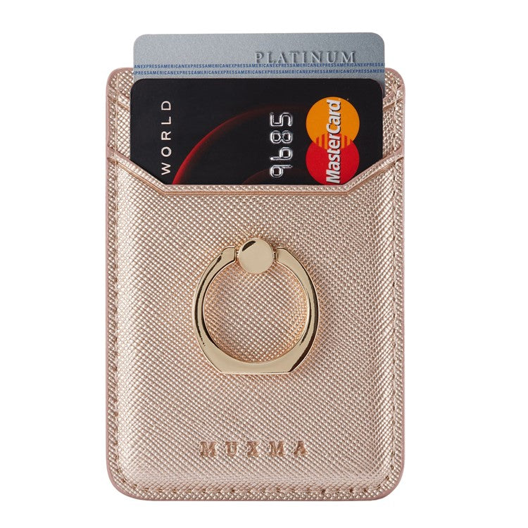 MUXMA MX112 Ring Stand Credit Card Holder Cross Texture RFID Blocking Adhesive Phone Card Holder - Rose Gold