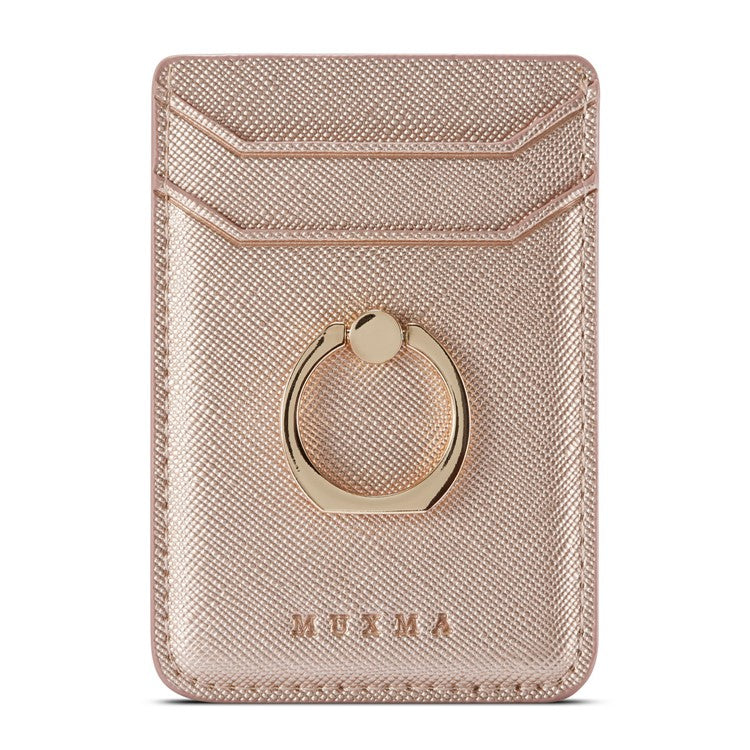 MUXMA MX112 Ring Stand Credit Card Holder Cross Texture RFID Blocking Adhesive Phone Card Holder - Rose Gold