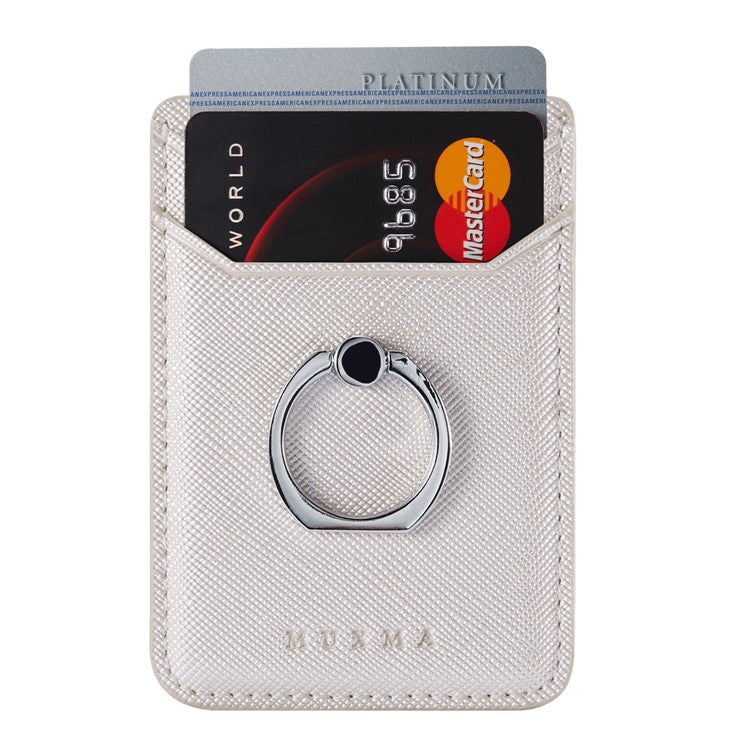 MUXMA MX112 Ring Stand Credit Card Holder Cross Texture RFID Blocking Adhesive Phone Card Holder - White