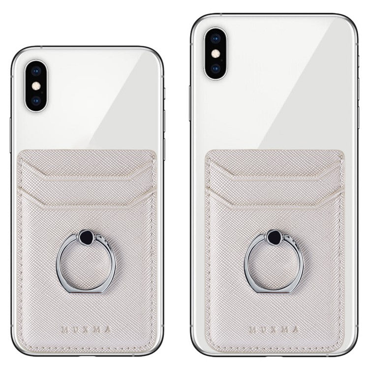 MUXMA MX112 Ring Stand Credit Card Holder Cross Texture RFID Blocking Adhesive Phone Card Holder - White