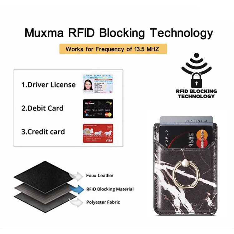 MUXMA MX112 Marble Pattern Phone Card Holder RFID Blocking PU Leather Adhesive Card Wallet Pocket with Ring Stand - Black