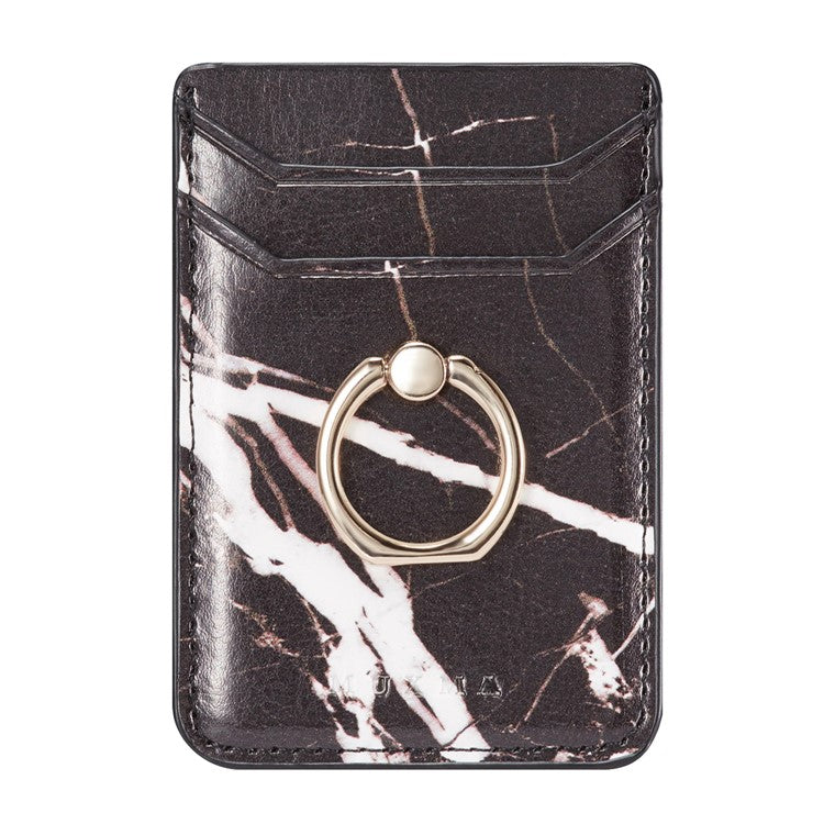 MUXMA MX112 Marble Pattern Phone Card Holder RFID Blocking PU Leather Adhesive Card Wallet Pocket with Ring Stand - Black