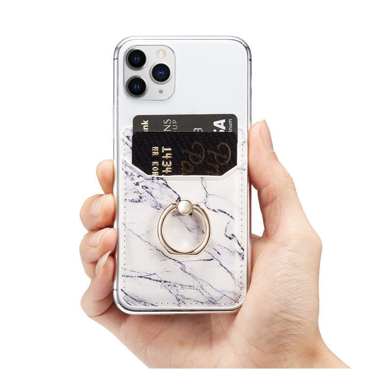 MUXMA MX112 Marble Pattern Phone Card Holder RFID Blocking PU Leather Adhesive Card Wallet Pocket with Ring Stand - White