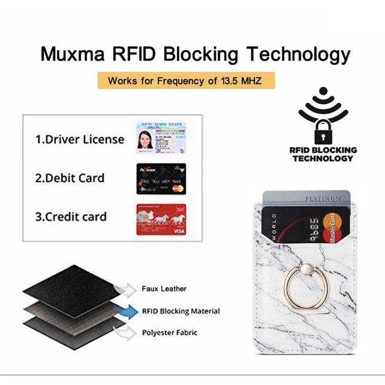 MUXMA MX112 Marble Pattern Phone Card Holder RFID Blocking PU Leather Adhesive Card Wallet Pocket with Ring Stand - White