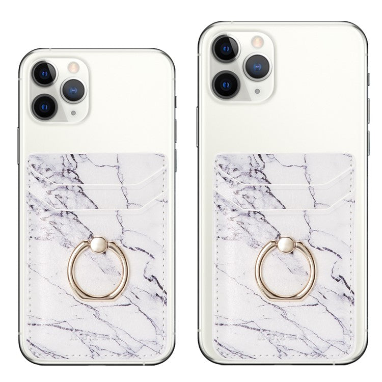 MUXMA MX112 Marble Pattern Phone Card Holder RFID Blocking PU Leather Adhesive Card Wallet Pocket with Ring Stand - White