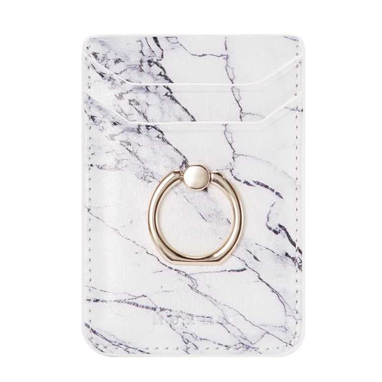 MUXMA MX112 Marble Pattern Phone Card Holder RFID Blocking PU Leather Adhesive Card Wallet Pocket with Ring Stand - White