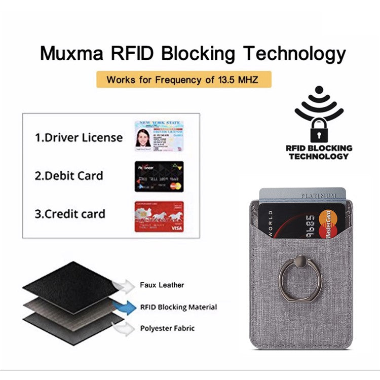 MUXMA MX112 Adhesive Phone Card Holder Canvas Texture Ring Stand RFID Blocking Card Slot - Black