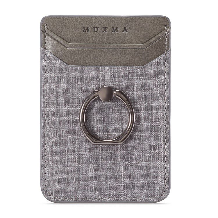 MUXMA MX112 Adhesive Phone Card Holder Canvas Texture Ring Stand RFID Blocking Card Slot - Grey