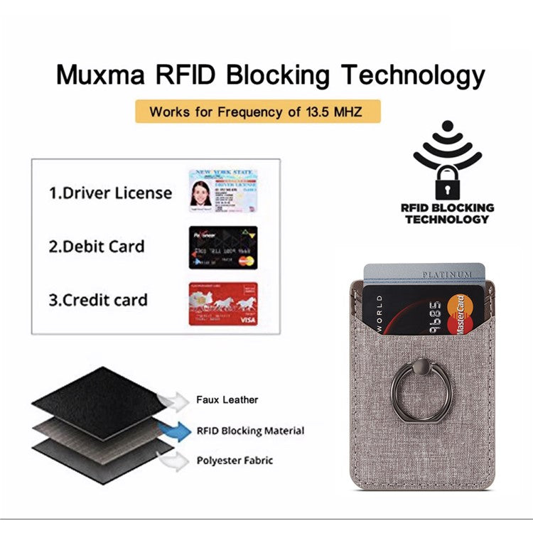 MUXMA MX112 Adhesive Phone Card Holder Canvas Texture Ring Stand RFID Blocking Card Slot - Brown