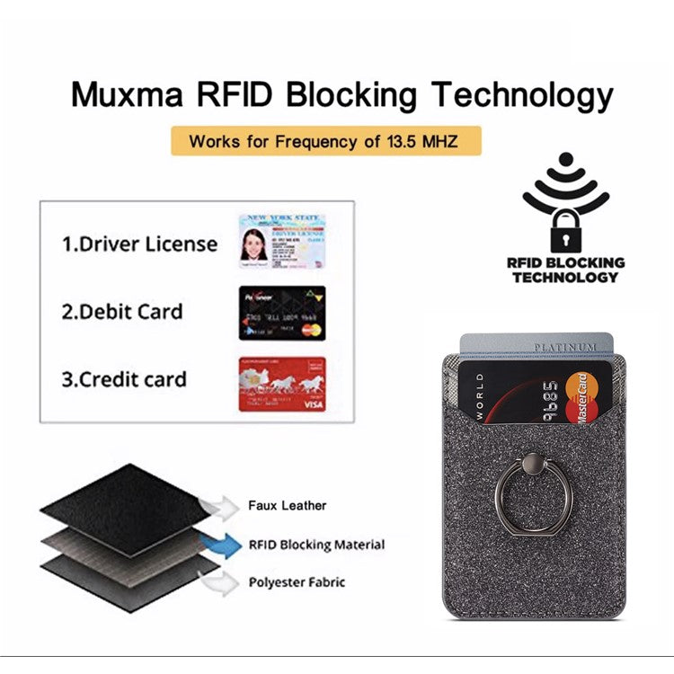 MUXMA MX112 Ring Stand Phone Card Holder Sand Texture PU Leather  RFID Blocking Adhesive Card Pocket - Black