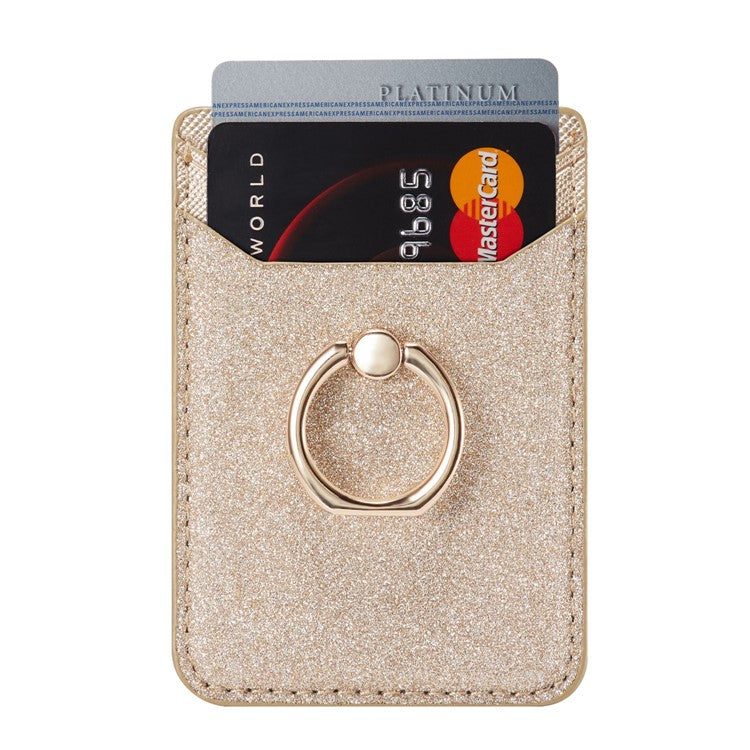 MUXMA MX112 Ring Stand Phone Card Holder Sand Texture PU Leather  RFID Blocking Adhesive Card Pocket - Gold