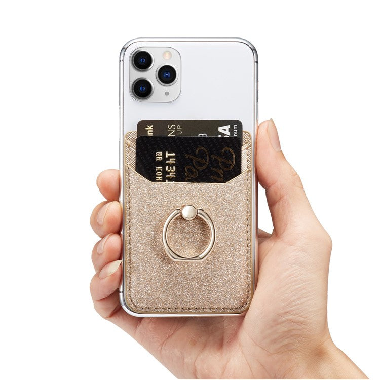 MUXMA MX112 Ring Stand Phone Card Holder Sand Texture PU Leather  RFID Blocking Adhesive Card Pocket - Gold