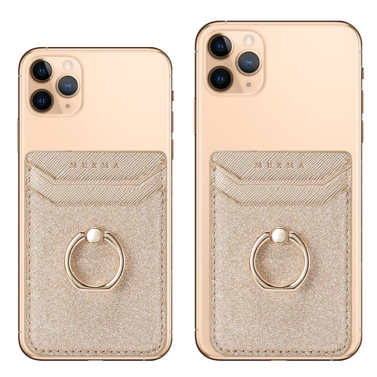 MUXMA MX112 Ring Stand Phone Card Holder Sand Texture PU Leather  RFID Blocking Adhesive Card Pocket - Gold