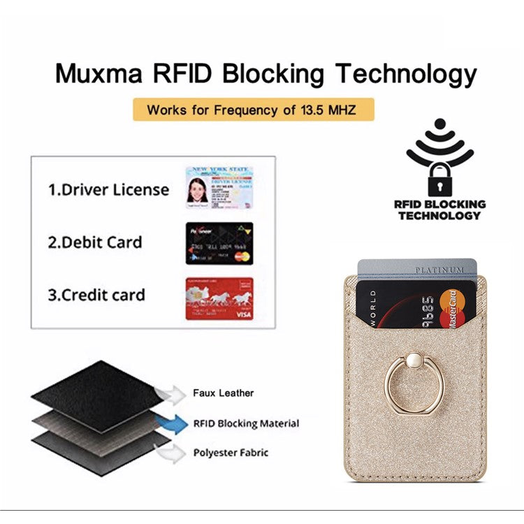 MUXMA MX112 Ring Stand Phone Card Holder Sand Texture PU Leather  RFID Blocking Adhesive Card Pocket - Gold