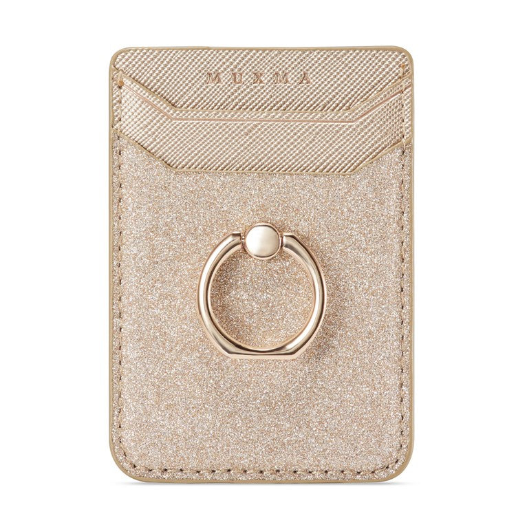 MUXMA MX112 Ring Stand Phone Card Holder Sand Texture PU Leather  RFID Blocking Adhesive Card Pocket - Gold