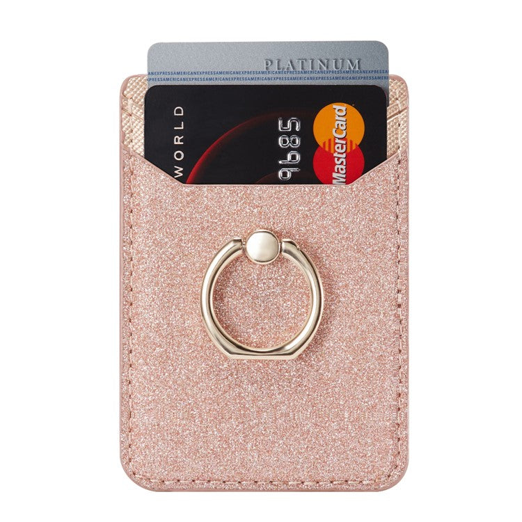 MUXMA MX112 Ring Stand Phone Card Holder Sand Texture PU Leather  RFID Blocking Adhesive Card Pocket - Rose Gold