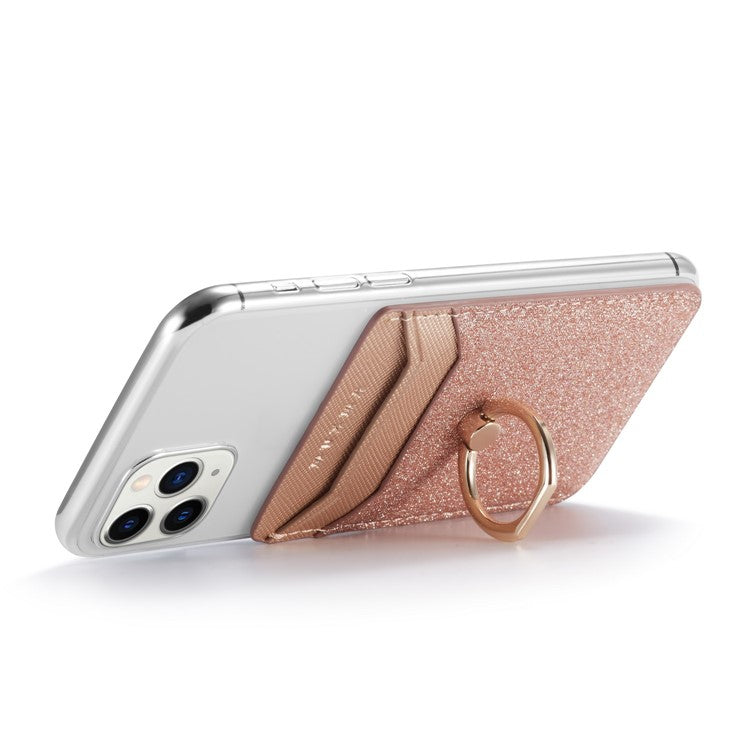 MUXMA MX112 Ring Stand Phone Card Holder Sand Texture PU Leather  RFID Blocking Adhesive Card Pocket - Rose Gold