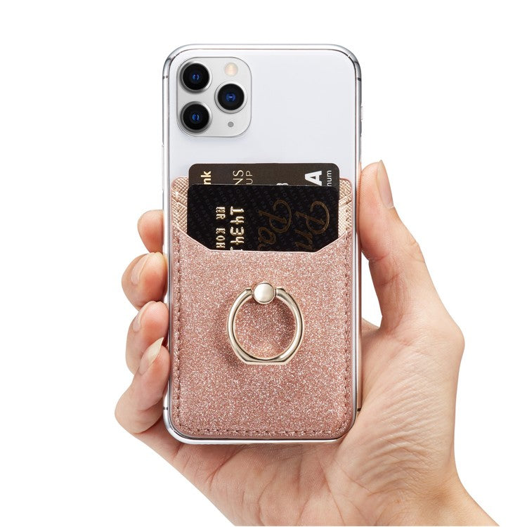 MUXMA MX112 Ring Stand Phone Card Holder Sand Texture PU Leather  RFID Blocking Adhesive Card Pocket - Rose Gold