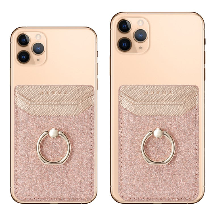 MUXMA MX112 Ring Stand Phone Card Holder Sand Texture PU Leather  RFID Blocking Adhesive Card Pocket - Rose Gold