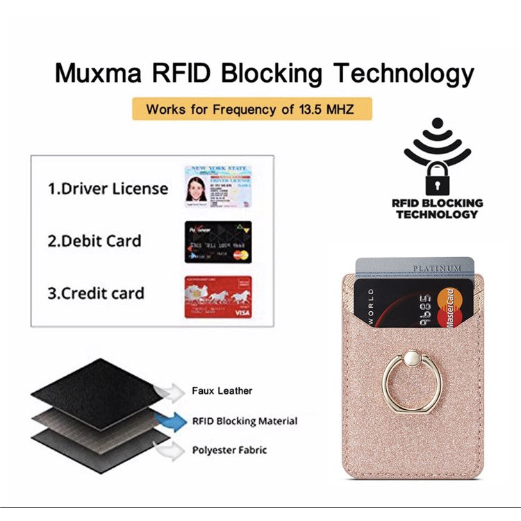 MUXMA MX112 Ring Stand Phone Card Holder Sand Texture PU Leather  RFID Blocking Adhesive Card Pocket - Rose Gold