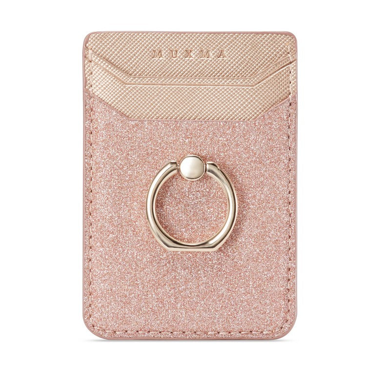 MUXMA MX112 Ring Stand Phone Card Holder Sand Texture PU Leather  RFID Blocking Adhesive Card Pocket - Rose Gold