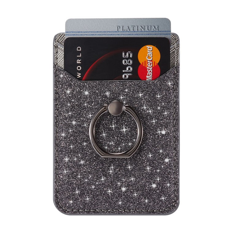 MUXMA MX112 RFID Blocking Adhesive Phone Card Holder Glittery Bling PU Leather Card Slot Pocket with Ring Stand - Black