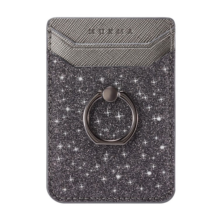 MUXMA MX112 RFID Blocking Adhesive Phone Card Holder Glittery Bling PU Leather Card Slot Pocket with Ring Stand - Black