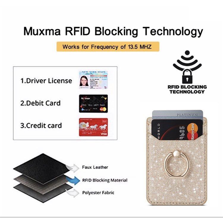 MUXMA MX112 RFID Blocking Adhesive Phone Card Holder Glittery Bling PU Leather Card Slot Pocket with Ring Stand - Gold