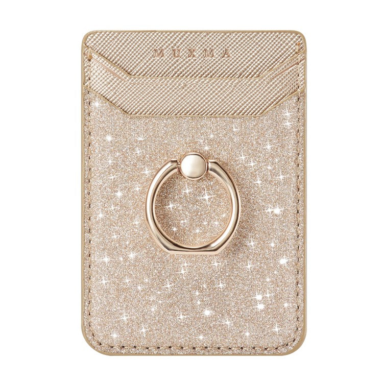 MUXMA MX112 RFID Blocking Adhesive Phone Card Holder Glittery Bling PU Leather Card Slot Pocket with Ring Stand - Gold